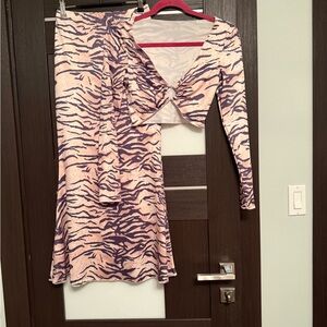 two-piece tiger print long-sleeve crop top and skirt set